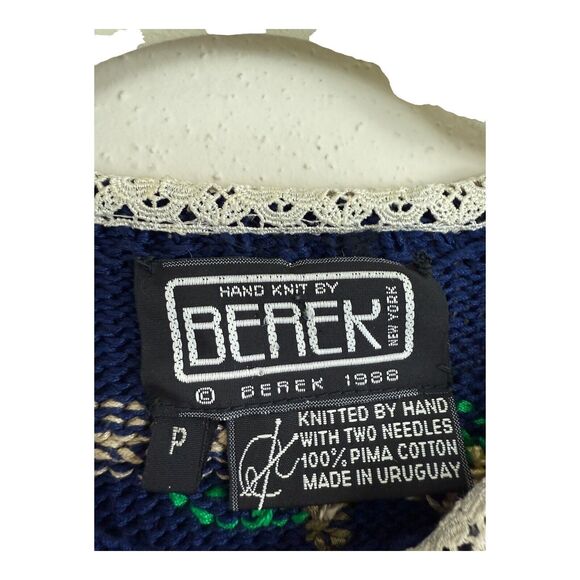 Berek Hand Knit Sweater Sz Petite Lace Collar Vtg 80s Wishing Well Flowers Cat - Picture 3 of 11